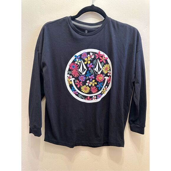 Volcom Stone Floral Smiley Face Long Sleeve Girls Oversize Tee Size 8/10 - Picture 2 of 4